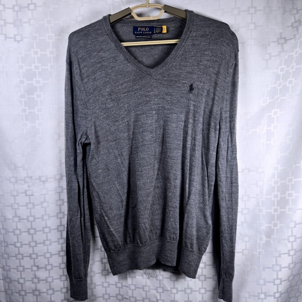 Polo‎ Ralph Lauren Mens Gray Washable Merino Wool V-Neck Sweater Size S Small